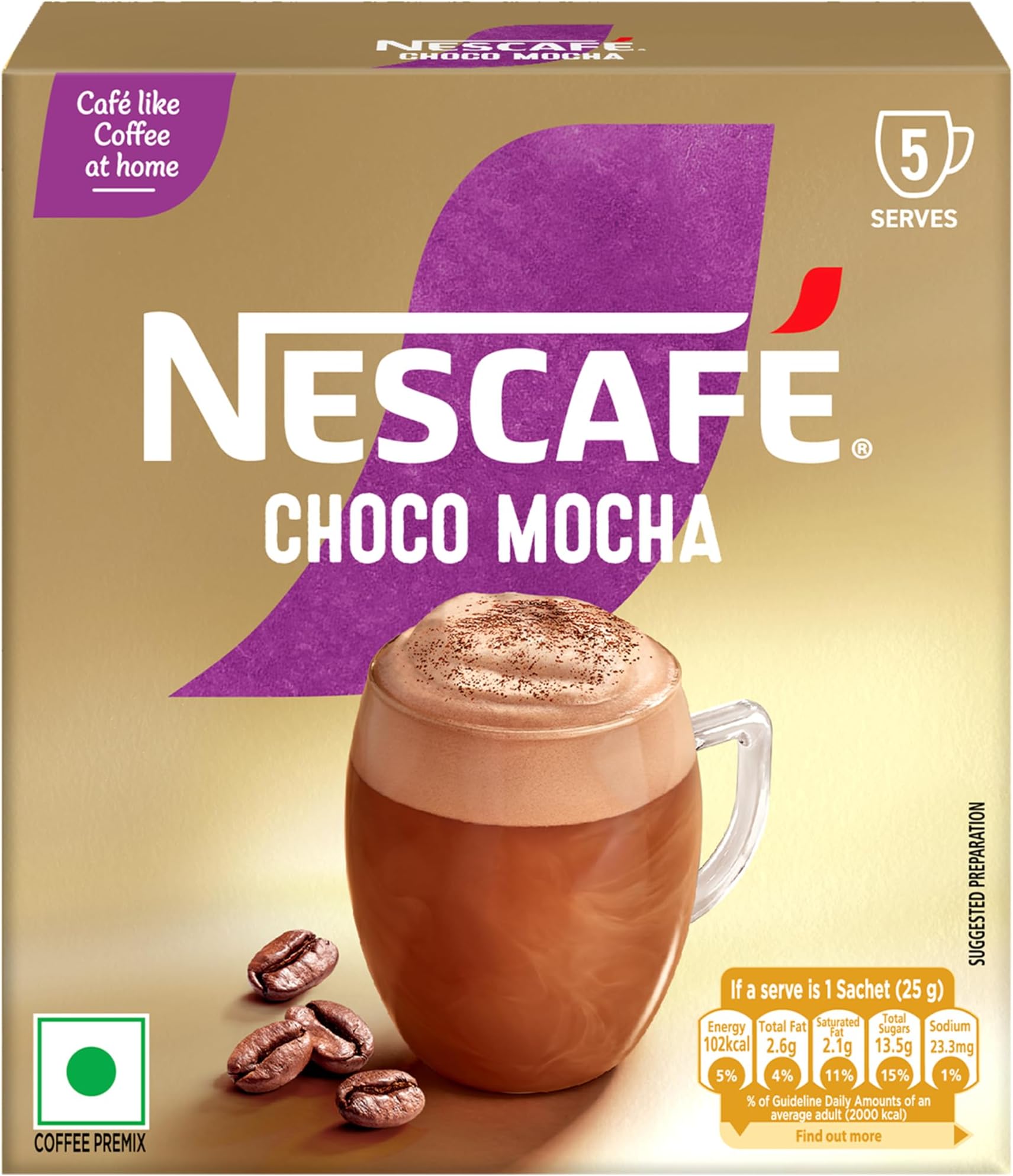 Choco Mocha | Café-like Coffee At Home |Coffee Premix | Just Add Hot Water | 125 G (5 Sachets x 25 G).