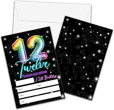 12th Birthday Invitations with Envelopes - Rainbow Balloon Birthday Party Invitation Card for Girls/Boys - Neon Glow Fill-in Invites Cards - Kids Party Celebration 20 Pack-21