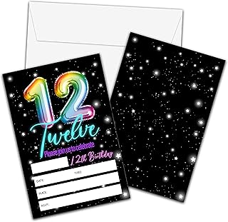 12th Birthday Invitations with Envelopes - Rainbow Balloon Birthday Party Invitation Card for Girls / Boys - Neon Glow Fill-in Invites Cards - Kids Party Celebration (20 Pack)-21