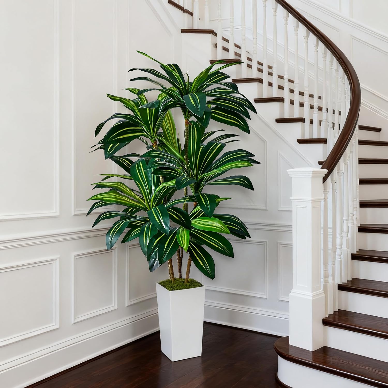 Dracaena Artificial Plants Indoor, 5FT Tall Faux Tree with White Tall Planter, Fake Yucca Tree Floor Plant, Artificial Trees for Home Office Living Room Garden Decor Outdoor, Housewarming Gift