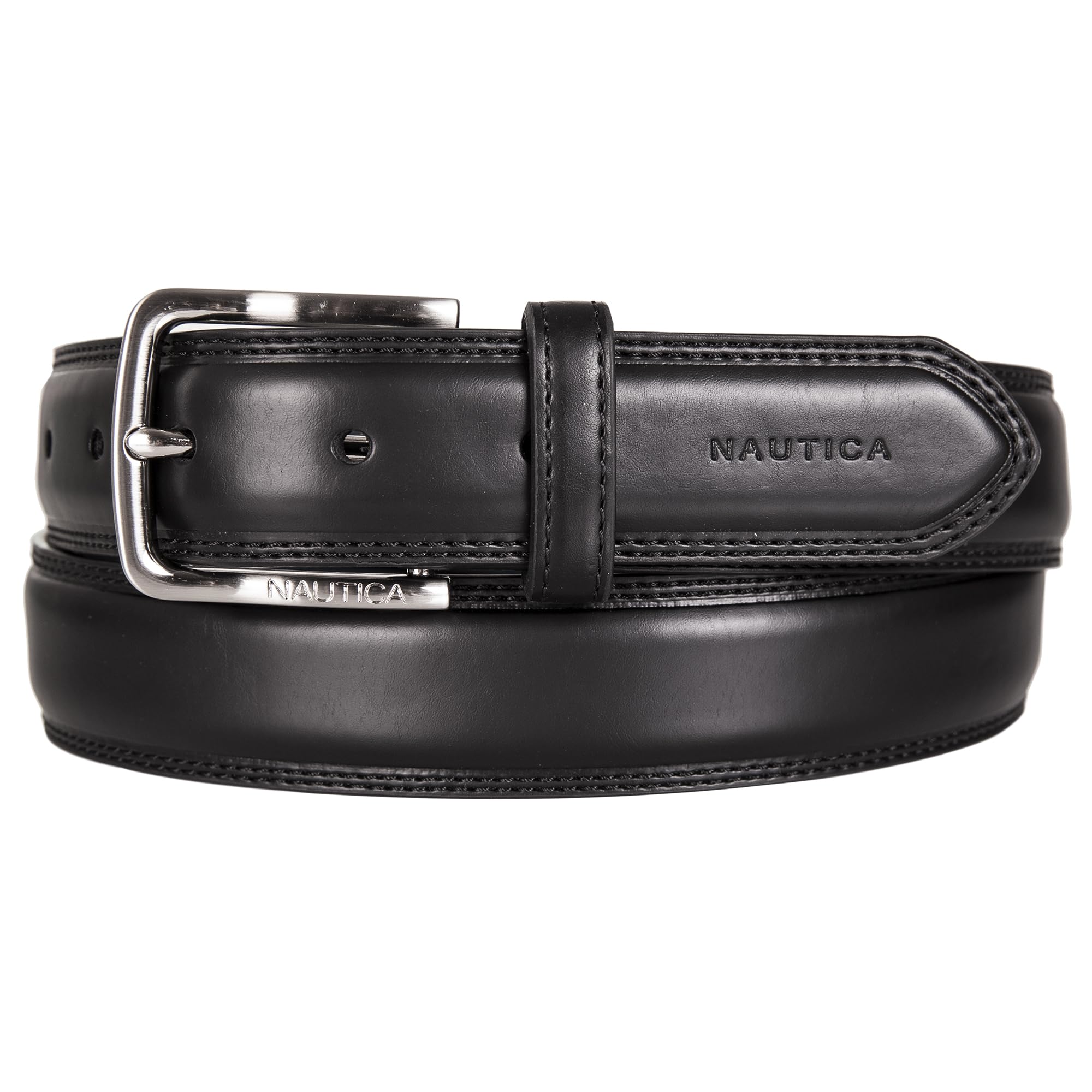 Nautica Men's Black Logo Inlay Ornat Double Stitch Leather Belt,
