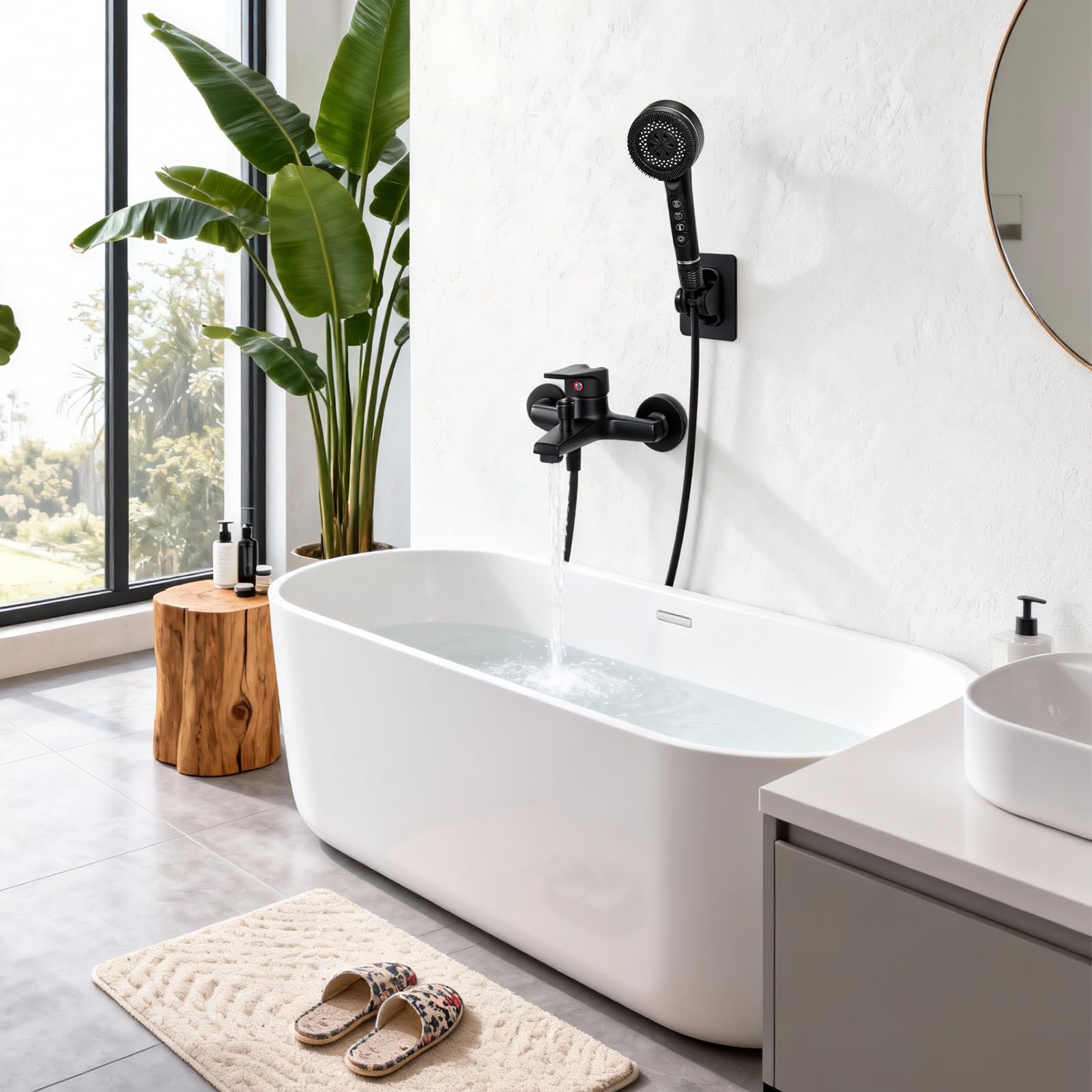 Grifo de Bañera con 4 Funciones Alcachofa de Mano Grifo Bañera Mezclador Monomando en Pared Grifería para Bañera con 1,5M Manguera y Soporte Mezclador de Baño (Negro Set)