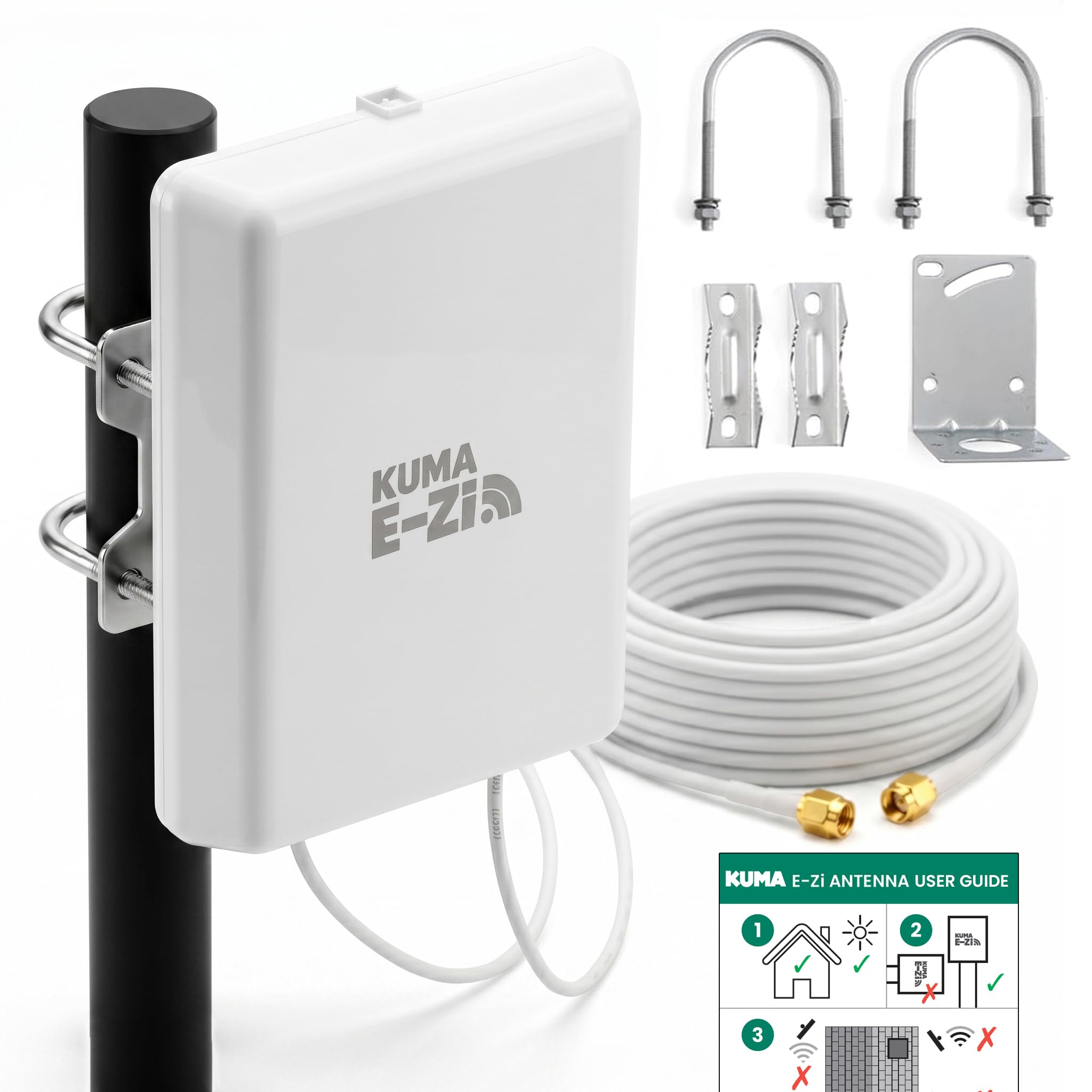 KUMA E-Zi LTE Richtantenne – 5G/4G Outdoor Antenne IP65 wasserdicht, 7 dBi Gewinn mit 5m SMA Kabel – Externe LTE Richtantenne für Router & WLAN Signal Booster im Haus, Garten, Wohnmobil & Caravan