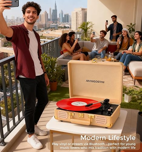 Miniatura 7 de Tocadiscos Bluetooth vintage, tocadiscos portátil de 3 velocidades con altavoces estéreo de graves integrados, fonógrafo de vinilo accionado por