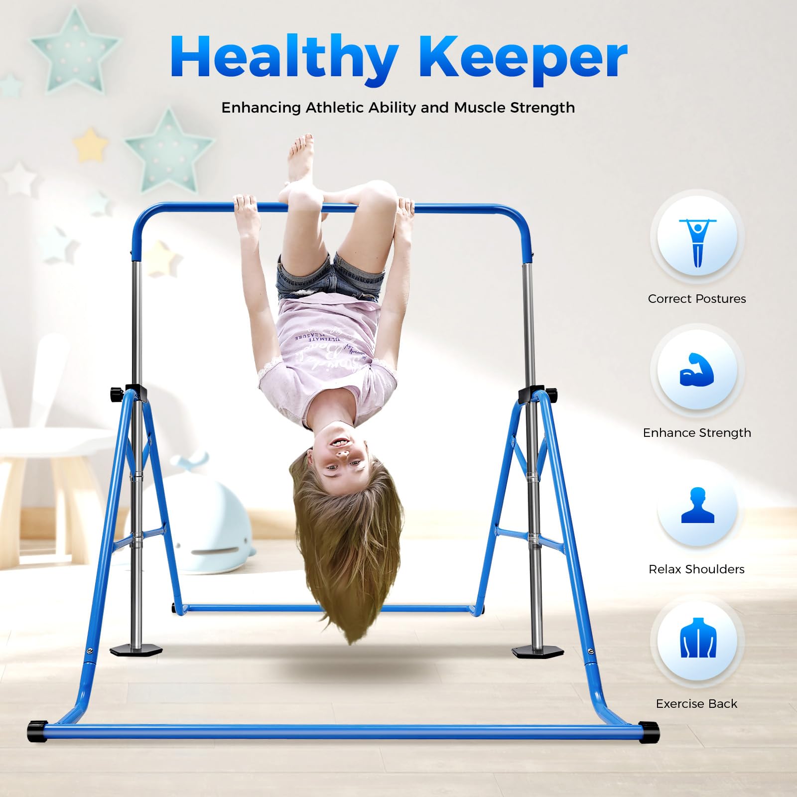 Barra de gimnasia para niños, barra de gimnasia para jardín, niños, altura ajustable, 5 alturas ajustables, para 3-8 niños y niñas, dispositivo de entrenamiento de hasta 100 kg, color azul
