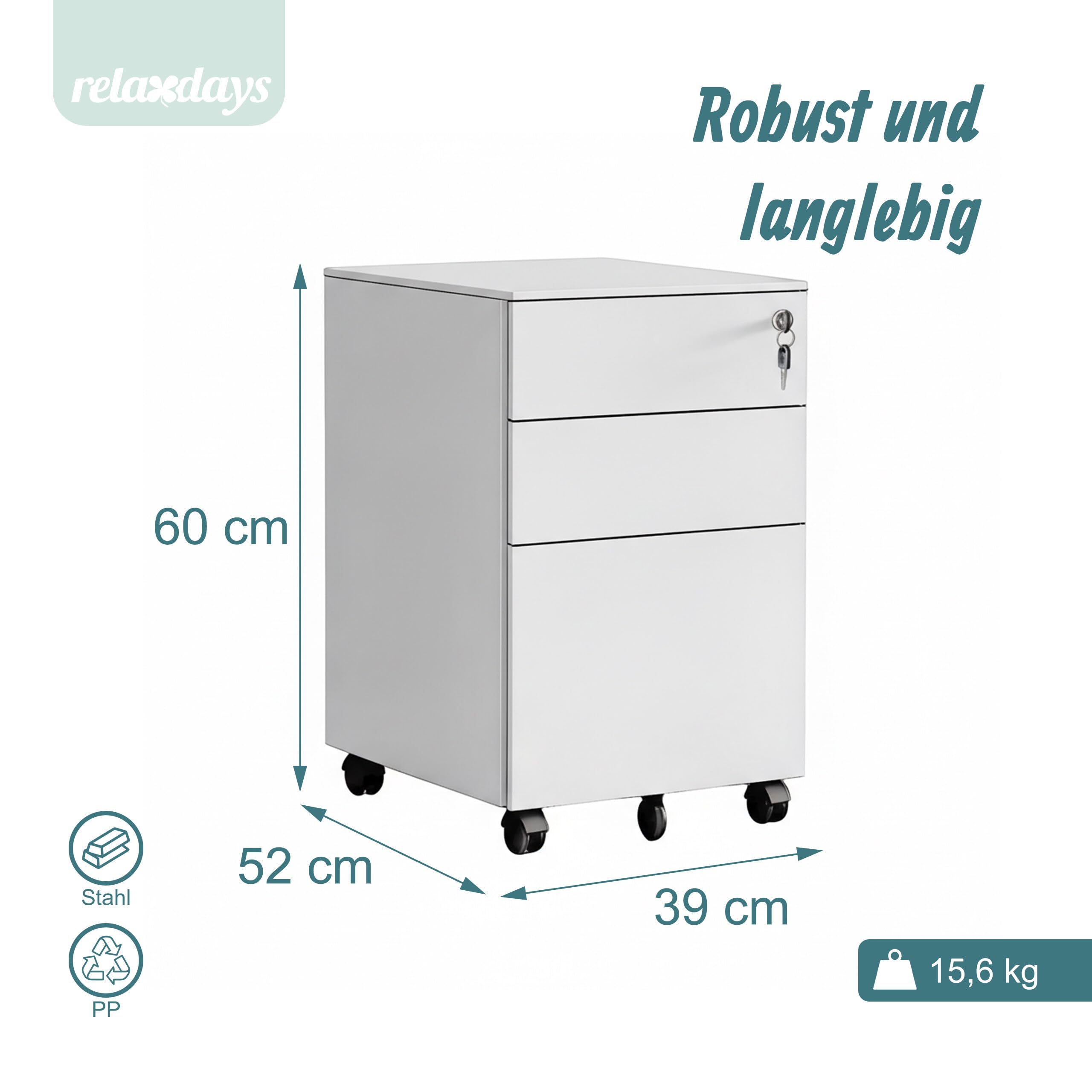 Relaxdays Rollcontainer, 3 Schubladen, HxBxT: 60 x 39 x 52 cm, abschließbar, Aktenschrank auf Rollen, Metall, weiß
