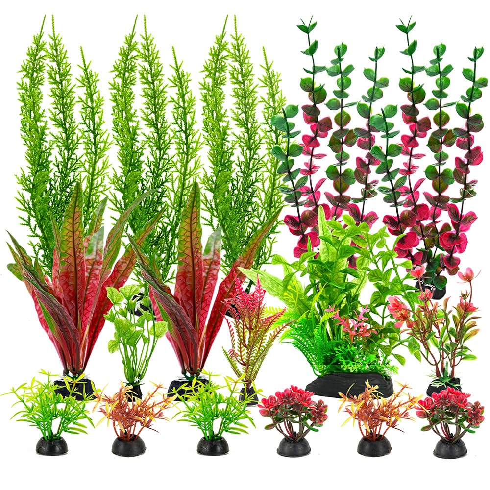 18-Piece Artificial Aquarium Plants Decorations – Large Set with Red & Green Foliage, Fish Tank Decor for Betta, Goldfish, Freshwater & Saltwater Tanks, Weighted Bases