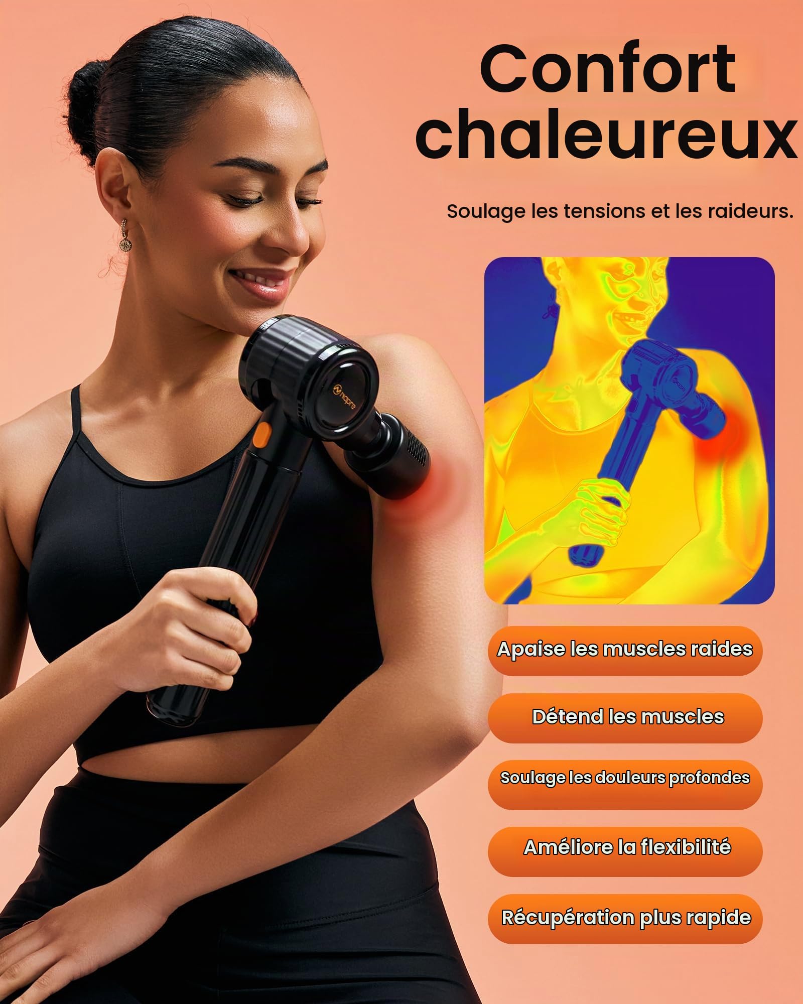 Pistolet de massage,NAPRE Pistolet de Massage Musculaire avec Tête Chaude et Froide,Pistolet Massage Musculaire avec Poignée étendue et 3 Angles,Massage Gun Pour Dos épaules,Jambes,Muscles,Noir