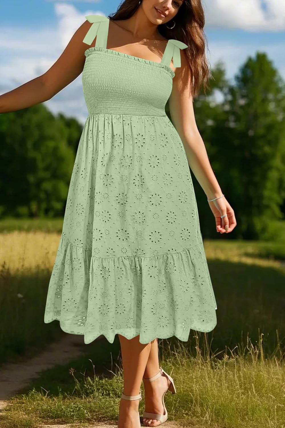 Plus Size Summer Dress 2025 - Sun Boho Casual Beach Spaghetti Strap Eyelet Midi Sundress - Image 3