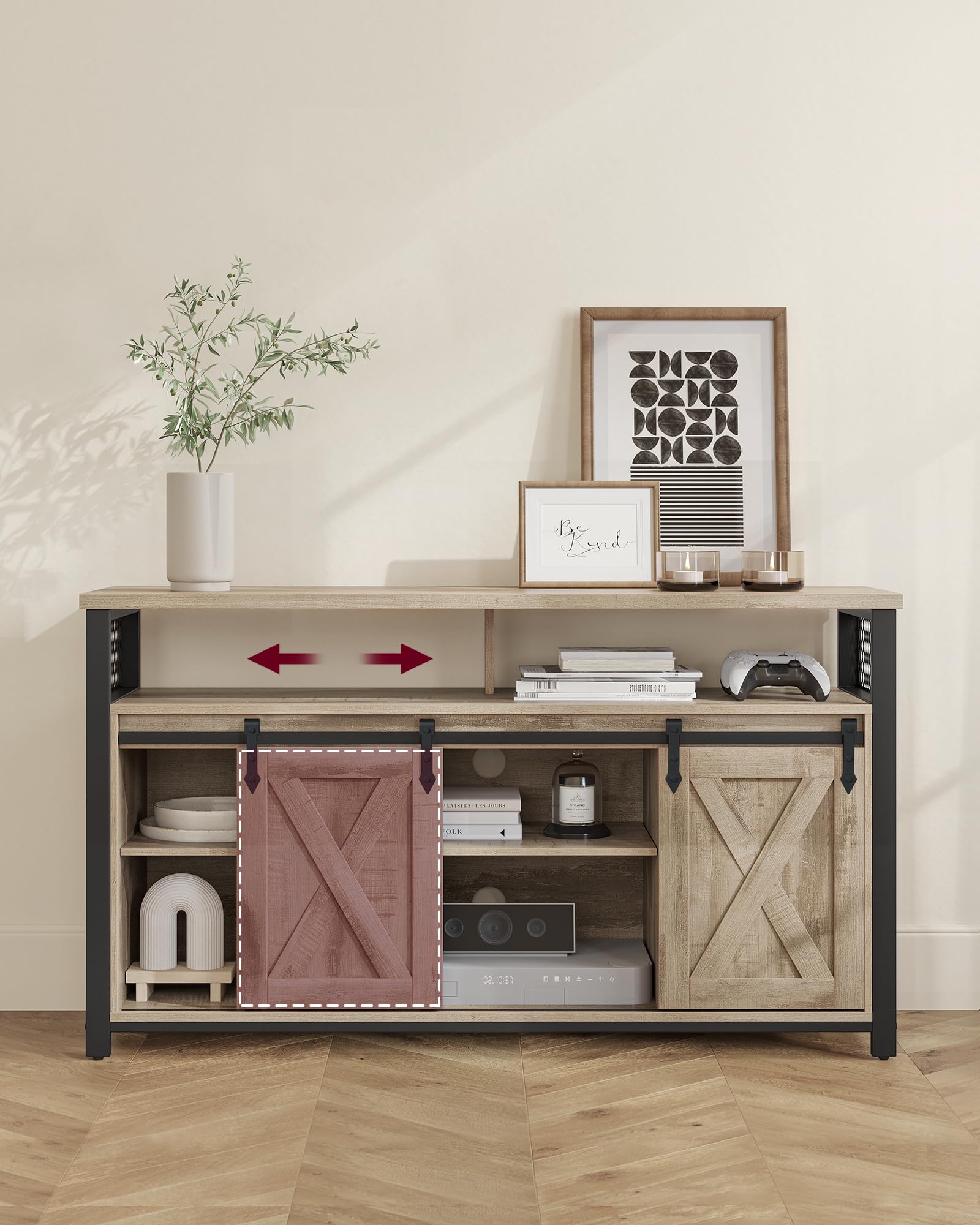 VASAGLE szafka RTV, drzwi przesuwne, styl industrialny, 135 cm | Stolik pod telewizor, 135 x 40 x 76 cm, otwory na kable, do salonu, camelowy i matowa czerń, Kolekcja DAXTON LTV46B50