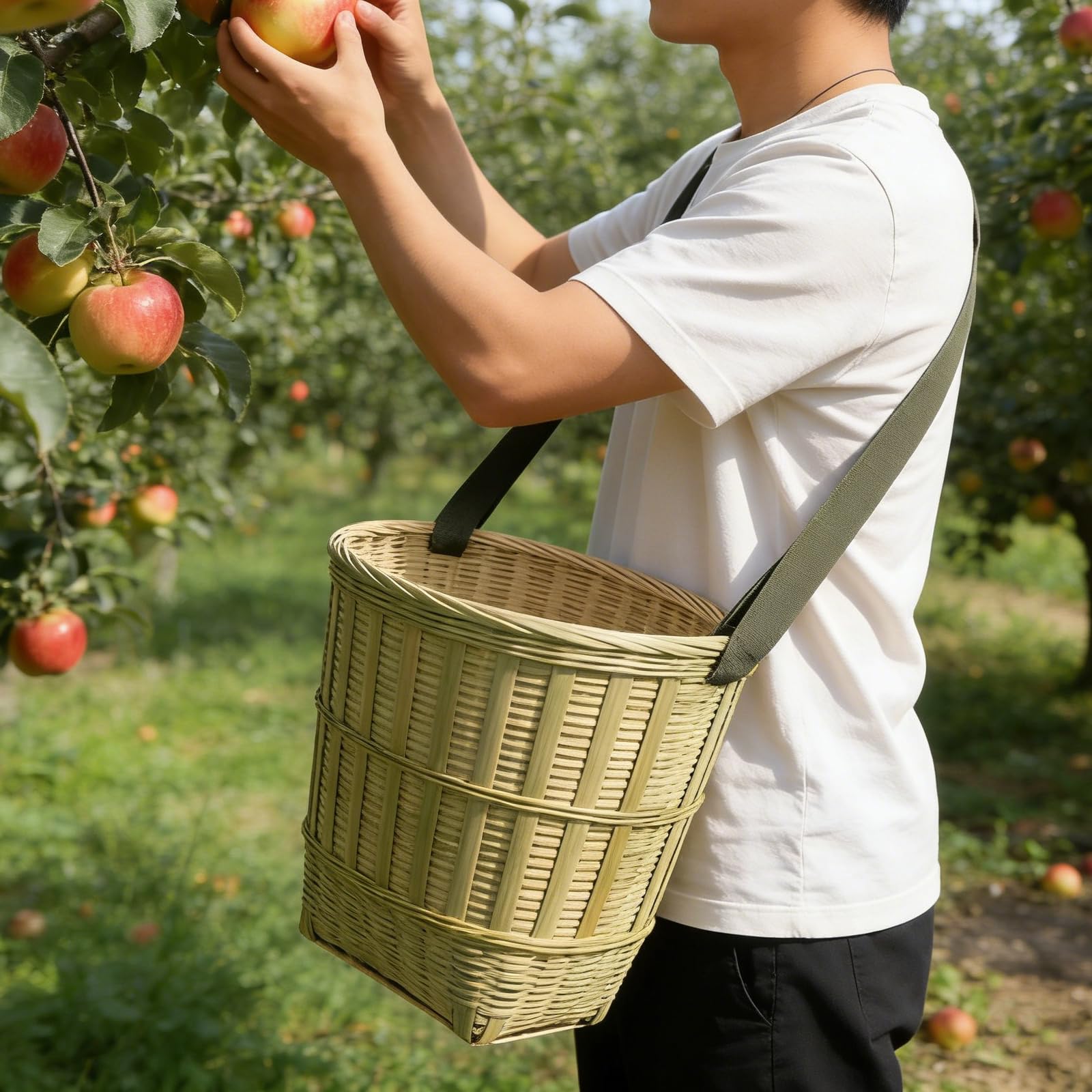 Operitacx Cesto in Bambù Intrecciato a Mano 30x26x26 Cm con Tracolla per Raccolta Frutta e Verdura, per Picnic All'aperto e Organizzazione Naturale