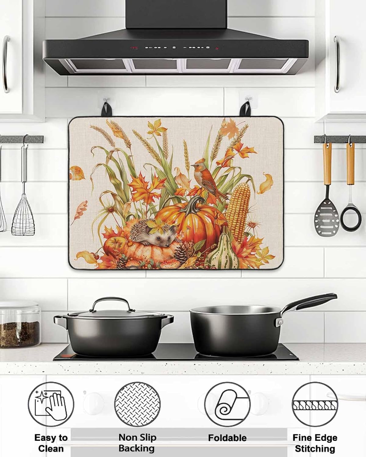 Stove Top Cover for Electric Stove Fall Thanksgiving Wheat Hedgehog Pumpkins Linen 31" x 24" Heat Resistance Electric Stove Cover Glass Stove Top Protector Washer/Counter Protector