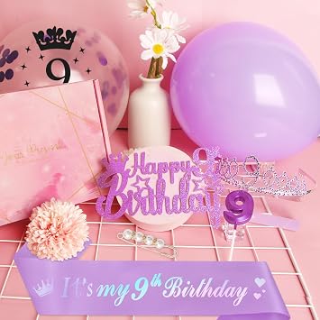 9th Birthday Decorations, 9th Birthday Sash and Tiara 9 Year Old Girls Gifts,Purple Crown Headband Sash,Balloons Cake Topper Candles Gifts for 9 Year Old for Girls