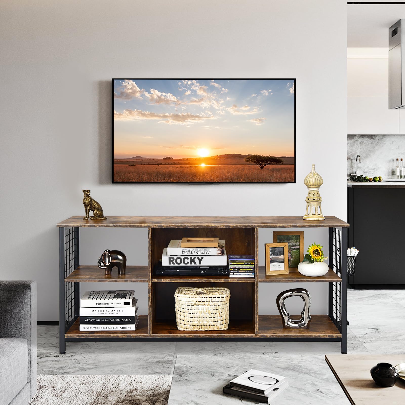 COSTWAY Mobile TV Industriale Fino a 65", Tavolo Multimediale a 3 Ripiani con Cesto Portaoggetti, Mobile TV in Legno con 2 Fori per La Gestione dei Cavi, 140 x 40 x 63 cm