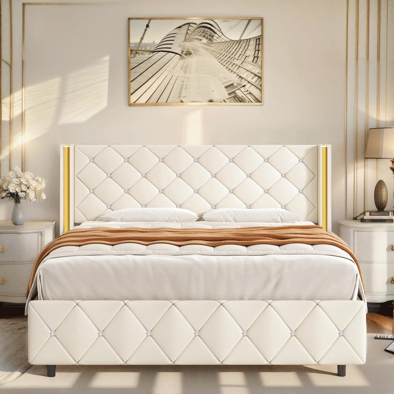 HOMBCK Queen Size Bed Frame with Leather Headboard, Gold