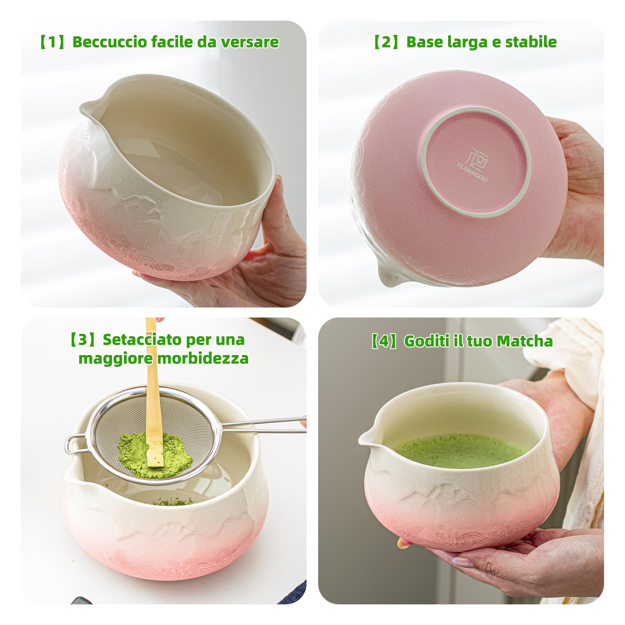 TEANAGOO MATCHA KIT, Matcha Set rosa, Matcha Cerimoniale, set per preparare il latte al tè matcha, set con frusta e ciotola con cucchiaio e setaccio, ciotola in ceramica con design Fuji,