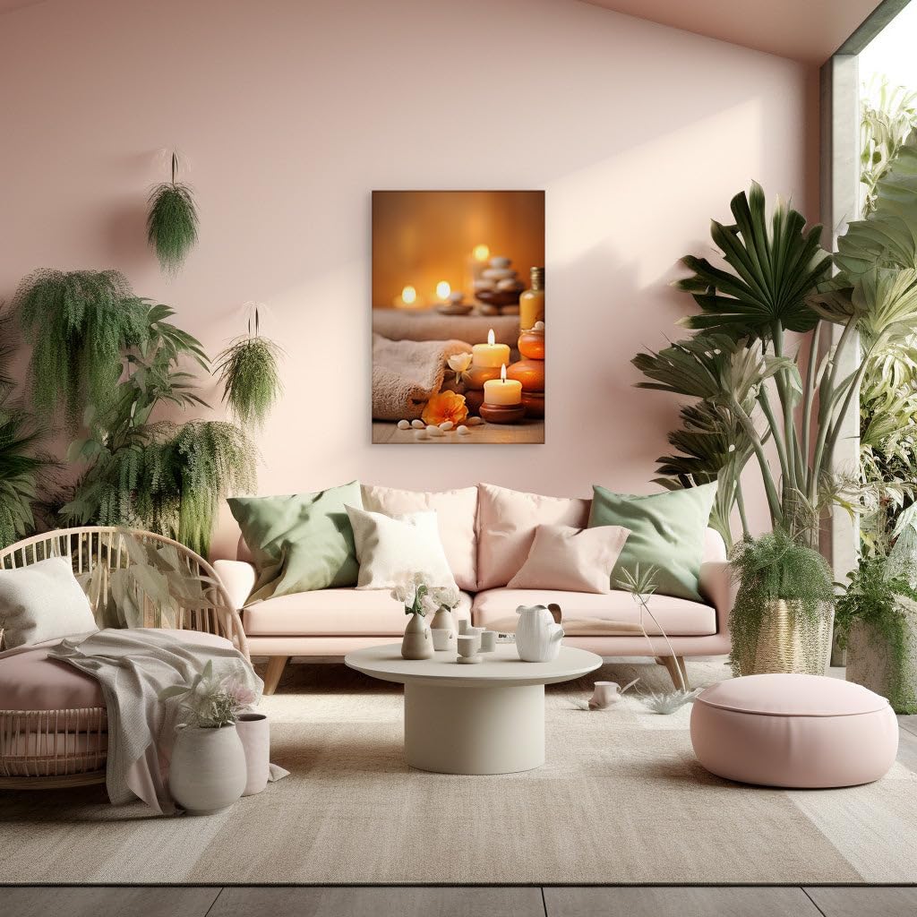 Canvas for Living room. Serenity in Bloom: Discover the Essence of Spa Bliss in a Candlelit Oasis, 27 x 18 inch Canvas Wall Art - Contemporary Masterpieces - Modern Home Decor