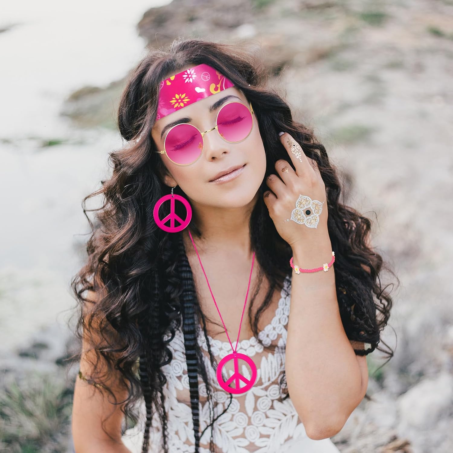 Batiyeer 6 Pcs Hippie Accessories for Women, Boho Peace Sign Earrings 60s 70s Outfits for Women Groovy Party Favor - Image 5