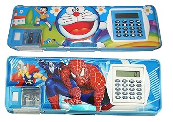 BVM GROUP Combo of 2 Magnetic Pencil Box with Calculator and Sharpener for Boys & Girls Big Size Cartoon (Doremon, Spider Man and Avenger) Printed Pencil Case Pencilbox for Kids Pack of 2