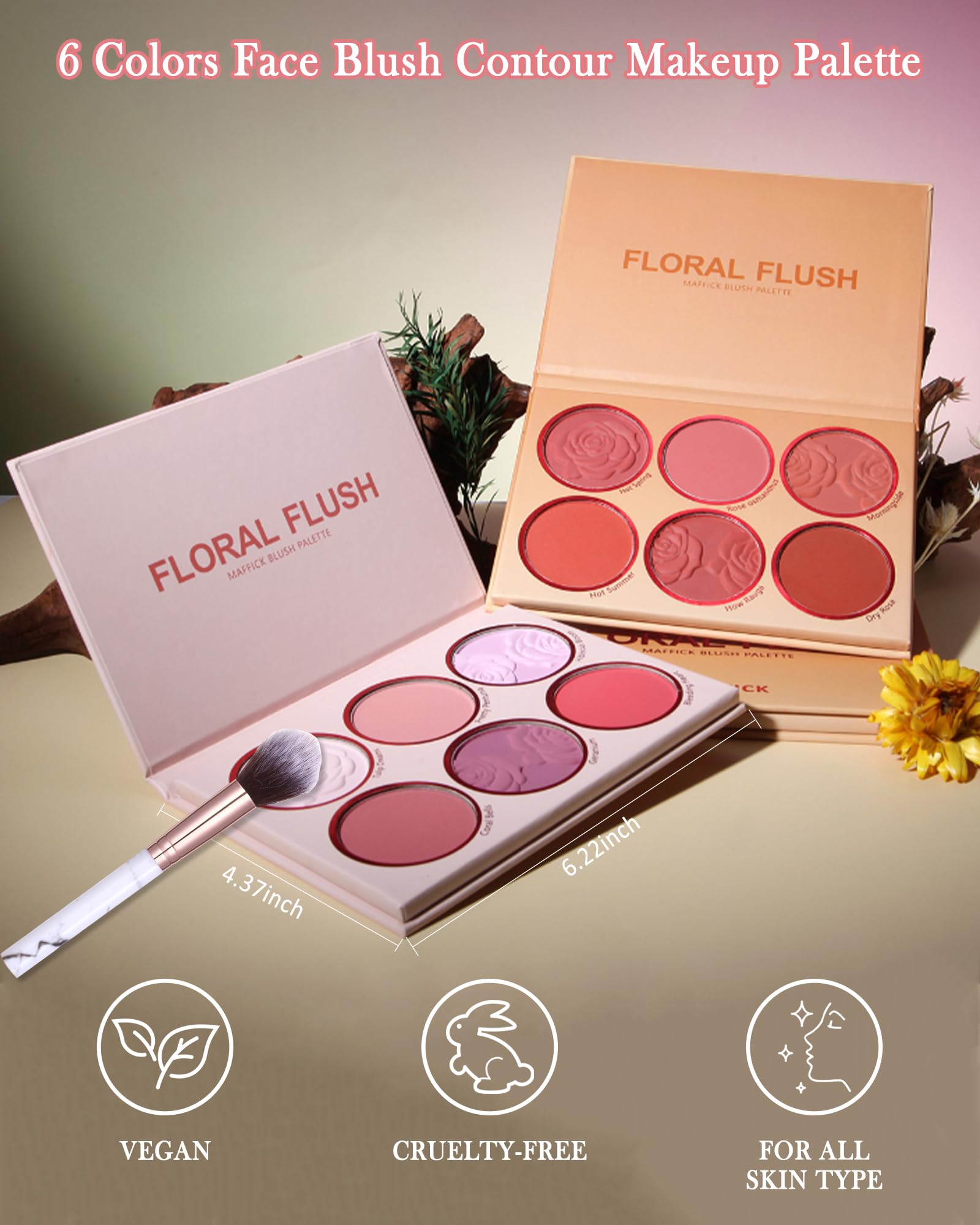 Paleta de rubor facial mate con brocha, 6 colores de alto pigmento, mineral sedoso, mezclable, polvo de contorno para mejillas, cosméticos de belleza facial de larga duración, regalo de maquillaje 7