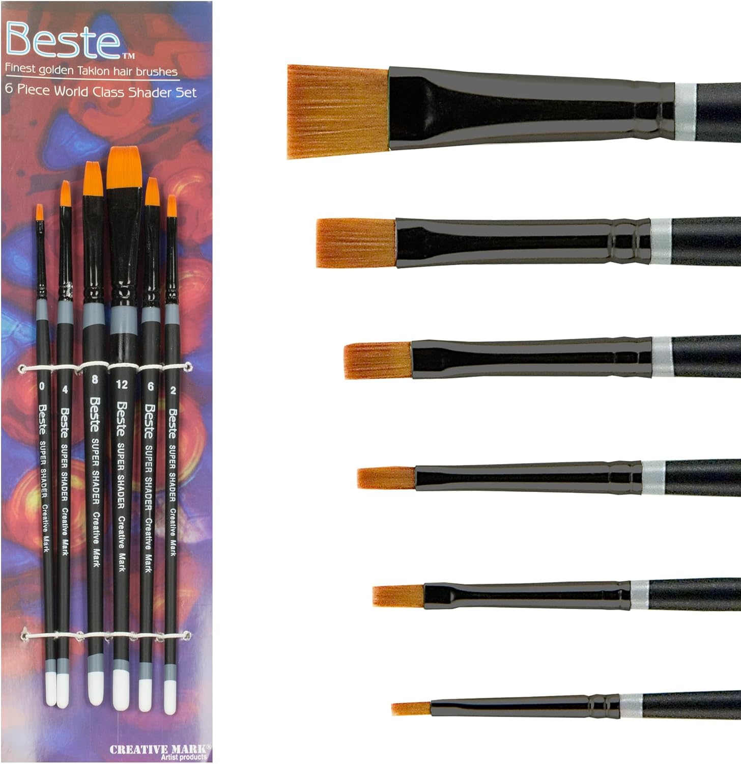 Creative Mark Beste Golden Taklon Super Shader Set of 6 Artist Brushes, Professional Watercolor Brushes, for Acrylic Painting, Short Handle, Sharp Edges, Hand-Tied & Shaped