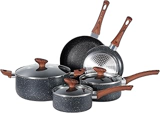Pots and Pans 8 Pieces Set, Non-Stick Cookware Set, Granite, Induction Hob, Glass Lids, Wood-Look Handles, Cooking Marble Grey