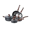 BARGAIN FACTORY Non-Stick Pots and Pans Set 8 Pieces, Cookware Set, Induction Compatible, Glass Lids, Wood-Look Handles, Cooking Marble Grey