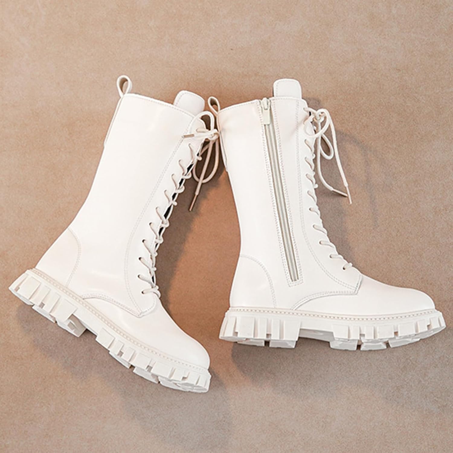 Girls Lace Up Mid Calf Combat Boots Fashion Round Toe Side Zipper Lug Sole Punk Goth Boot For Toddler Little Kid Big Kid