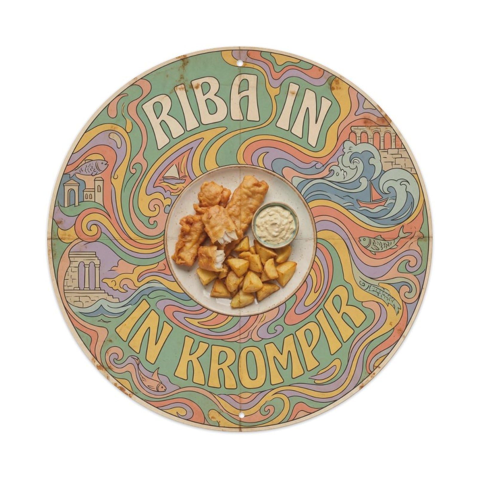 Slovenia Seaside Fish Chips Retro Psychedelic Culture Metal Tin Sign