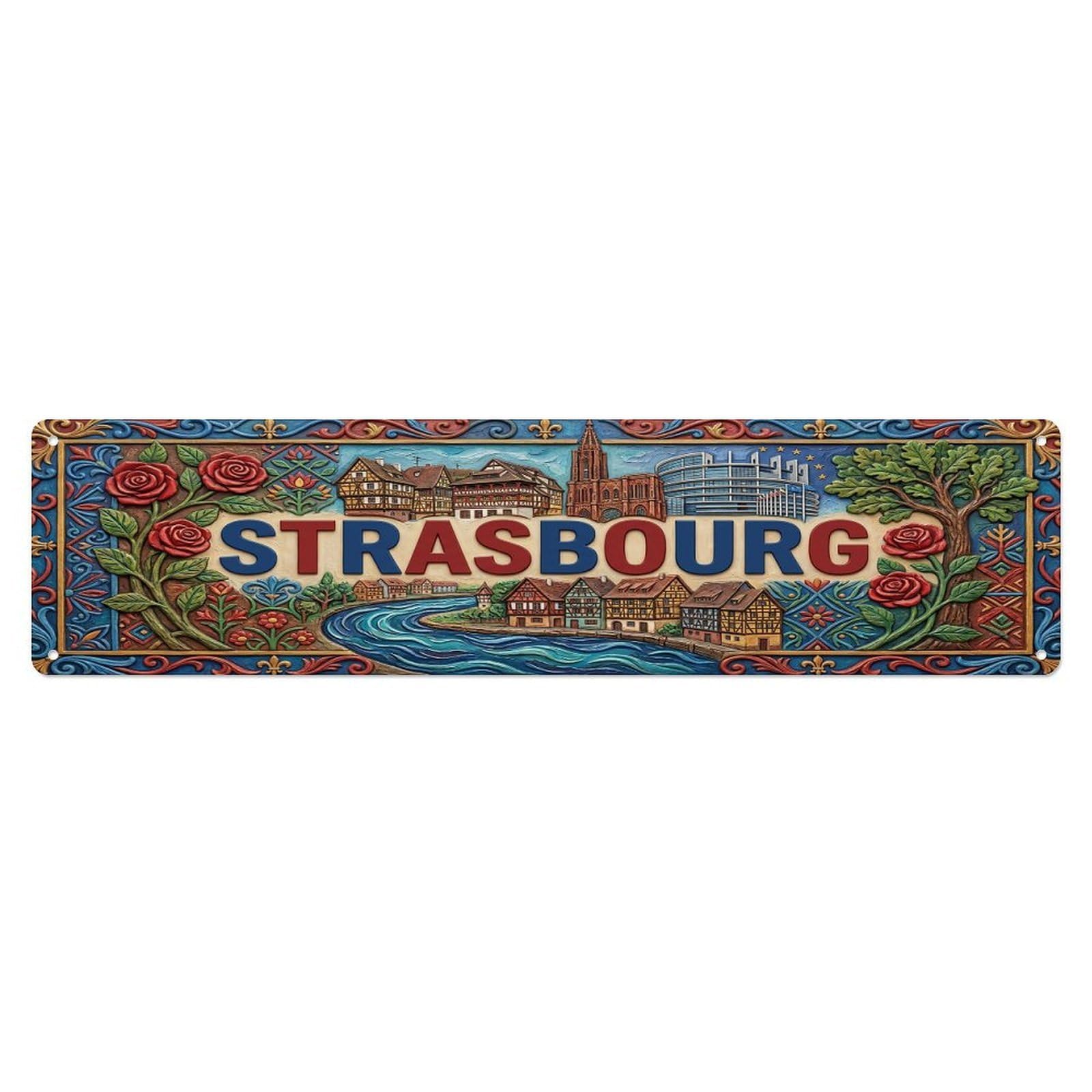Cmhok Vintage Style Vintage Strasbourg France Flag Pattern Metal Tin Sign Wall Decor For Cafe, Club, Garden Metal Poster 4X16inch