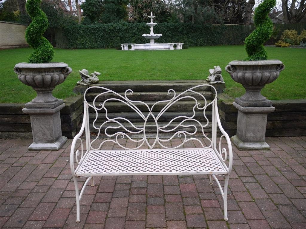 French Garden Co Cream Wrought Iron Garden Bench ~ Butterfly Garden Bench
