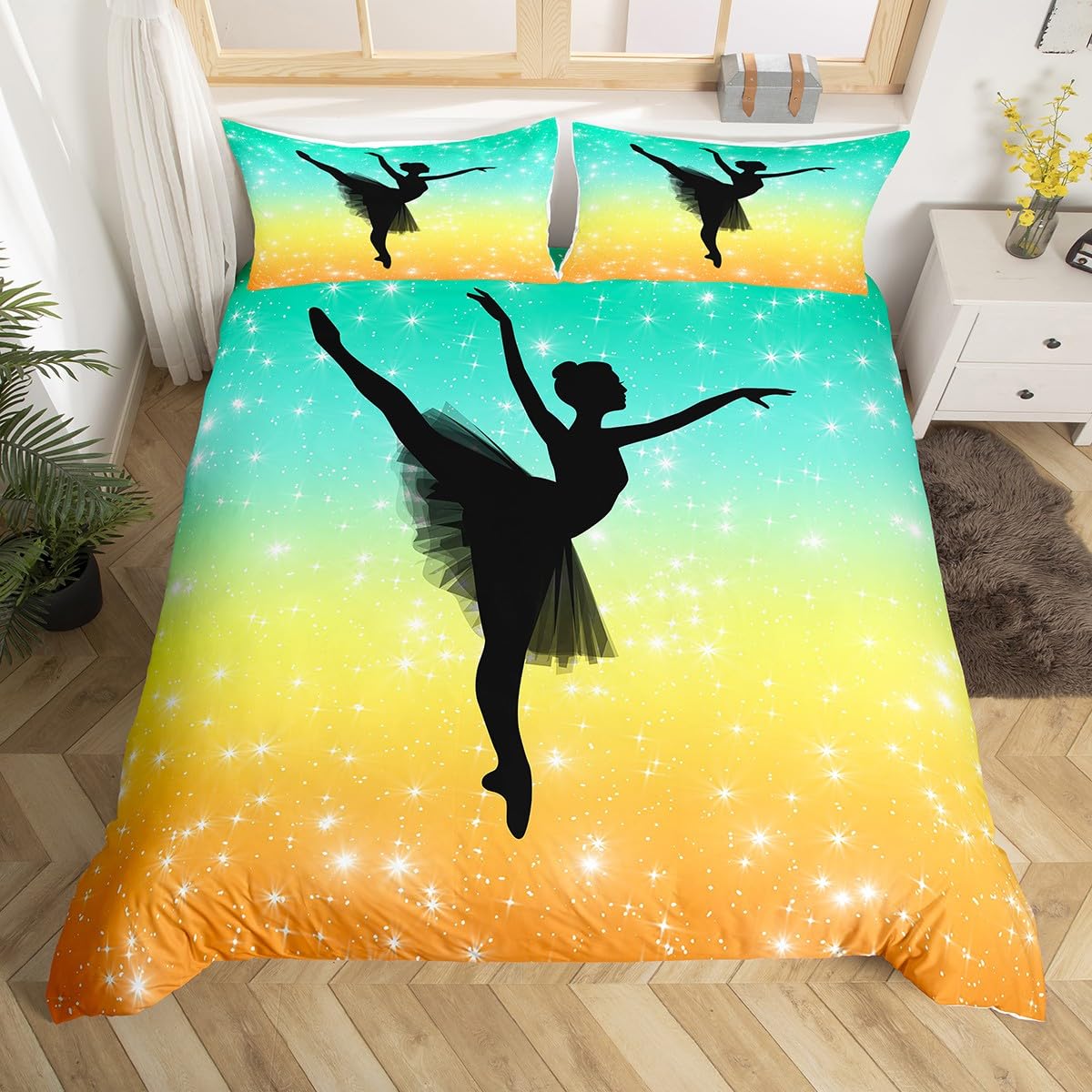 Homewish Ballet Dancer Comforter Cover Single, Green Yellow Gradient Bedding Set Ballet Gifts for Girls, Ombre Pastel Rainmbow Sparkle Duvet Cover Dancing Ballerina Quilt Cover Ballet Decor