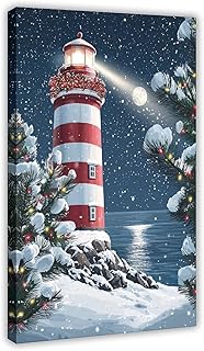 Christmas Lighthouse Wall Art – Snowy Coastal Scene with Festive Lights,...