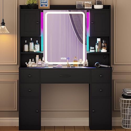 Tiptiper Escritorio grande de maquillaje con espejo y luces, mesa de tocador con estación de carga, pantalla de tiempo y luz ambiental, mesa de