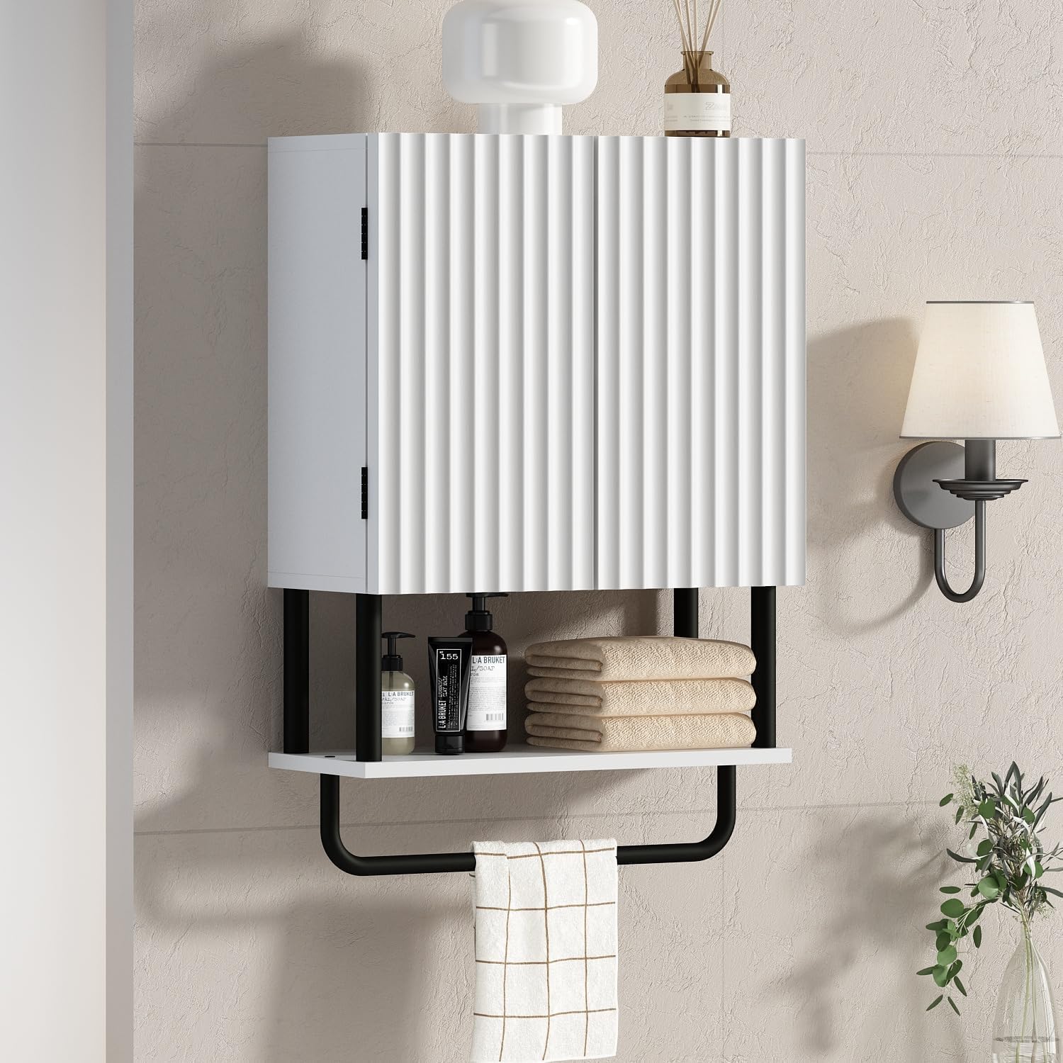 RUSTOWN Fluted Bathroom Wall Cabinet with 2 Doors, 3-Tier Medicine Cabinet