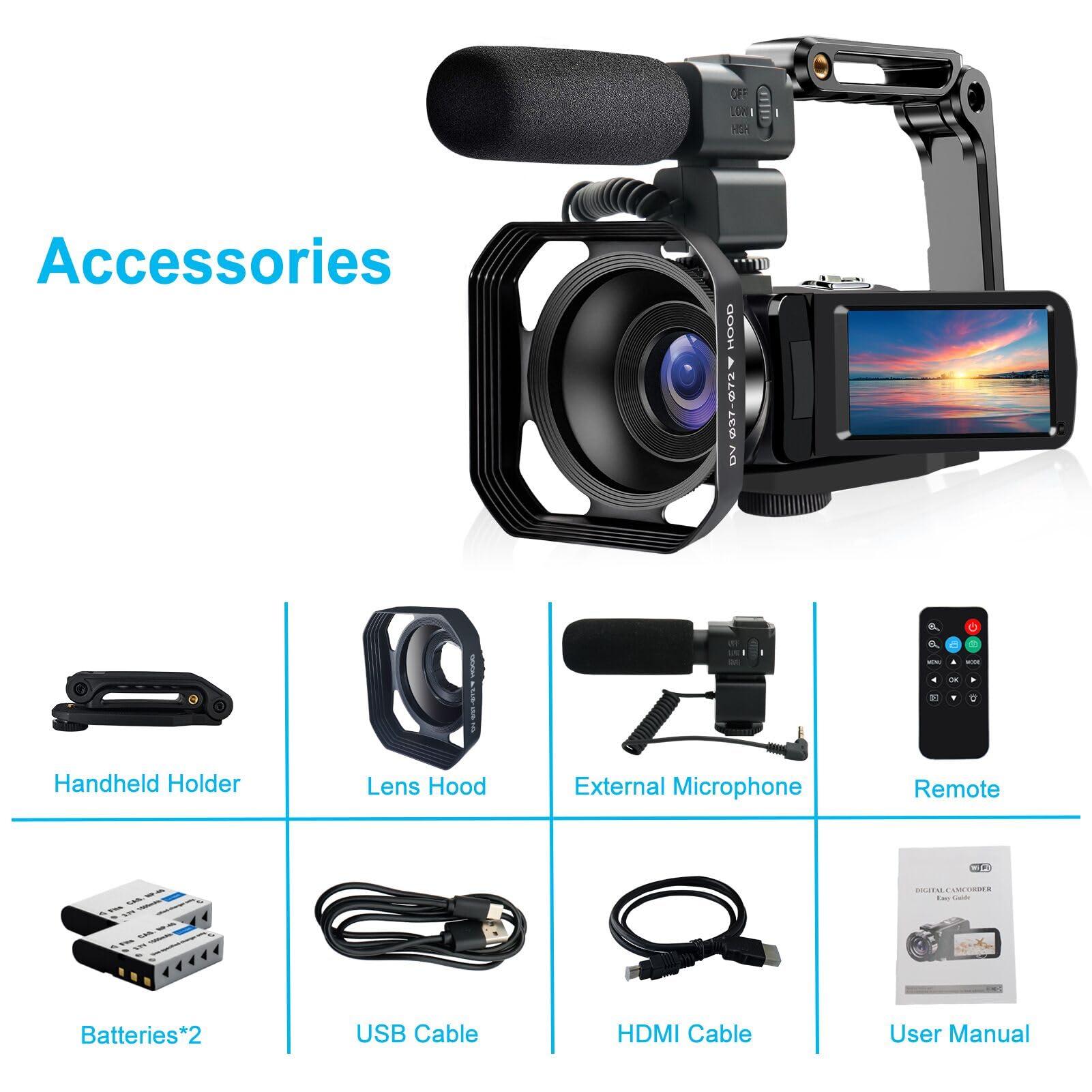 Videocamera 4K 48MP 30FPS IR Visione Notturna WiFi Registratore, Zoom Digitale 18X 3 pollici Touch Screen Vlogging Camera per YouTube con Microfono, Paraluce, Stabilizzatore, Telecomando