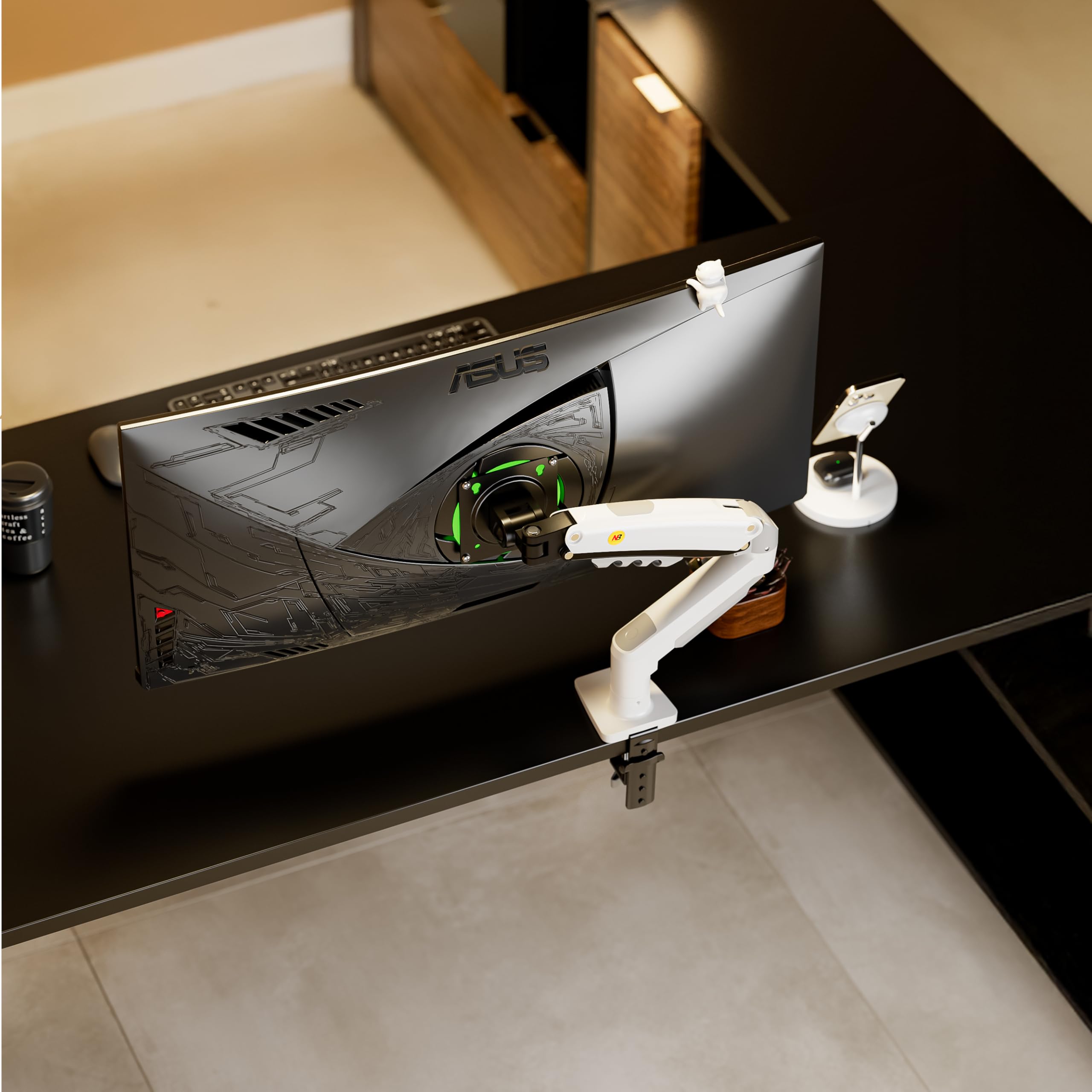 Supporto da scrivania con molla a gas per schermi LCD 17″-32″, bianco, VESA 75 mm e 100 mm, rotazione a 360° con peso da 2 a 9 kg
