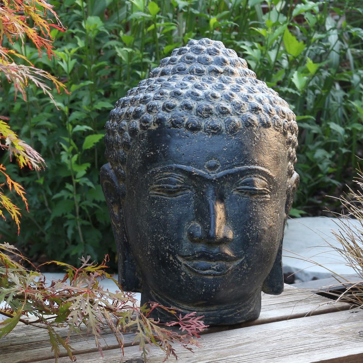 Buddha Kopf Head Steinfigur Skulptur Stein Lavasand Bali Garten Deko handgefertigt aus Bali Schwarz 33 cm