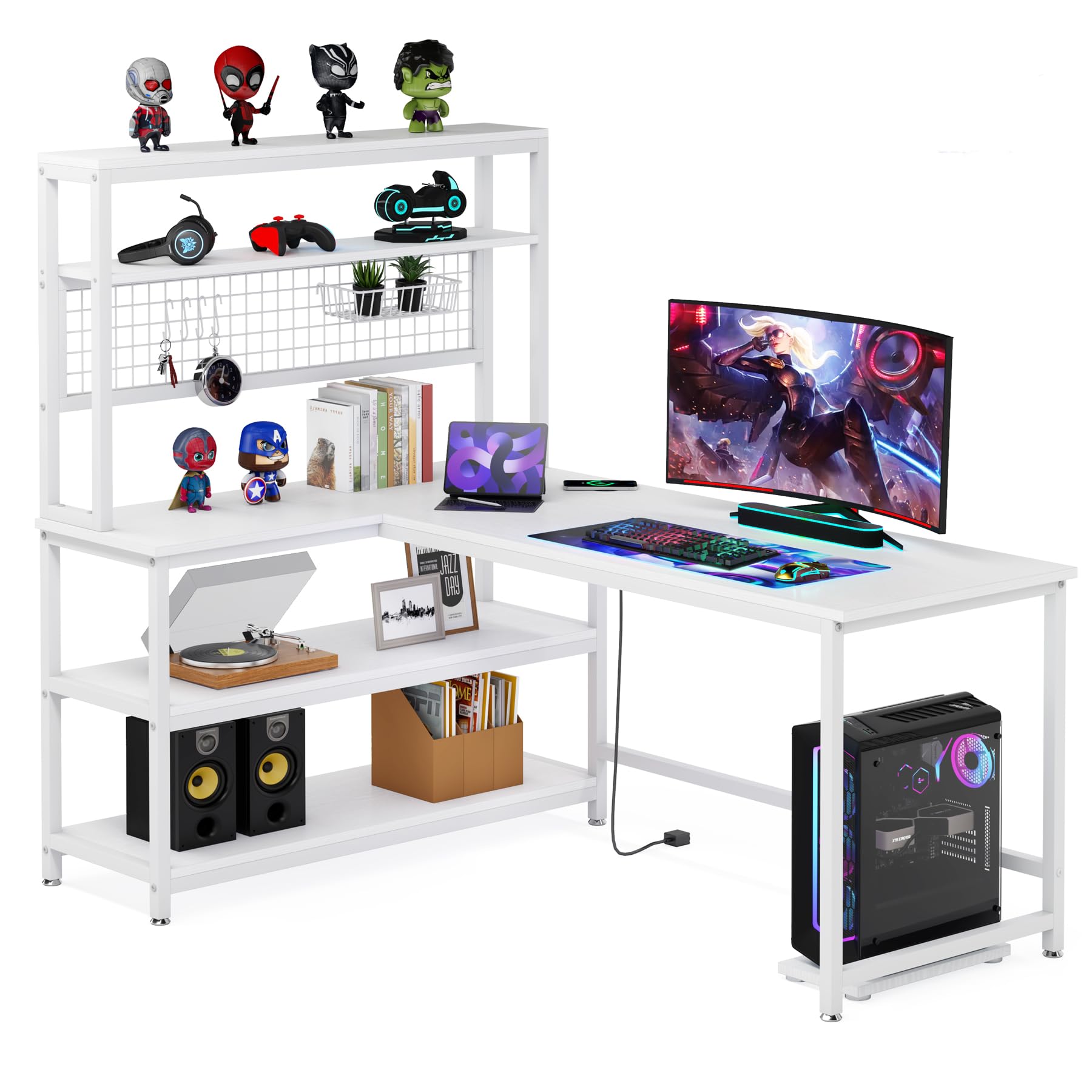 LITTLE TREE L-Shaped Computer Desk, 55 Inch Reversible Office Desk, Study Writing Table with Wireless Charging and Bookshelf for Home Office, White