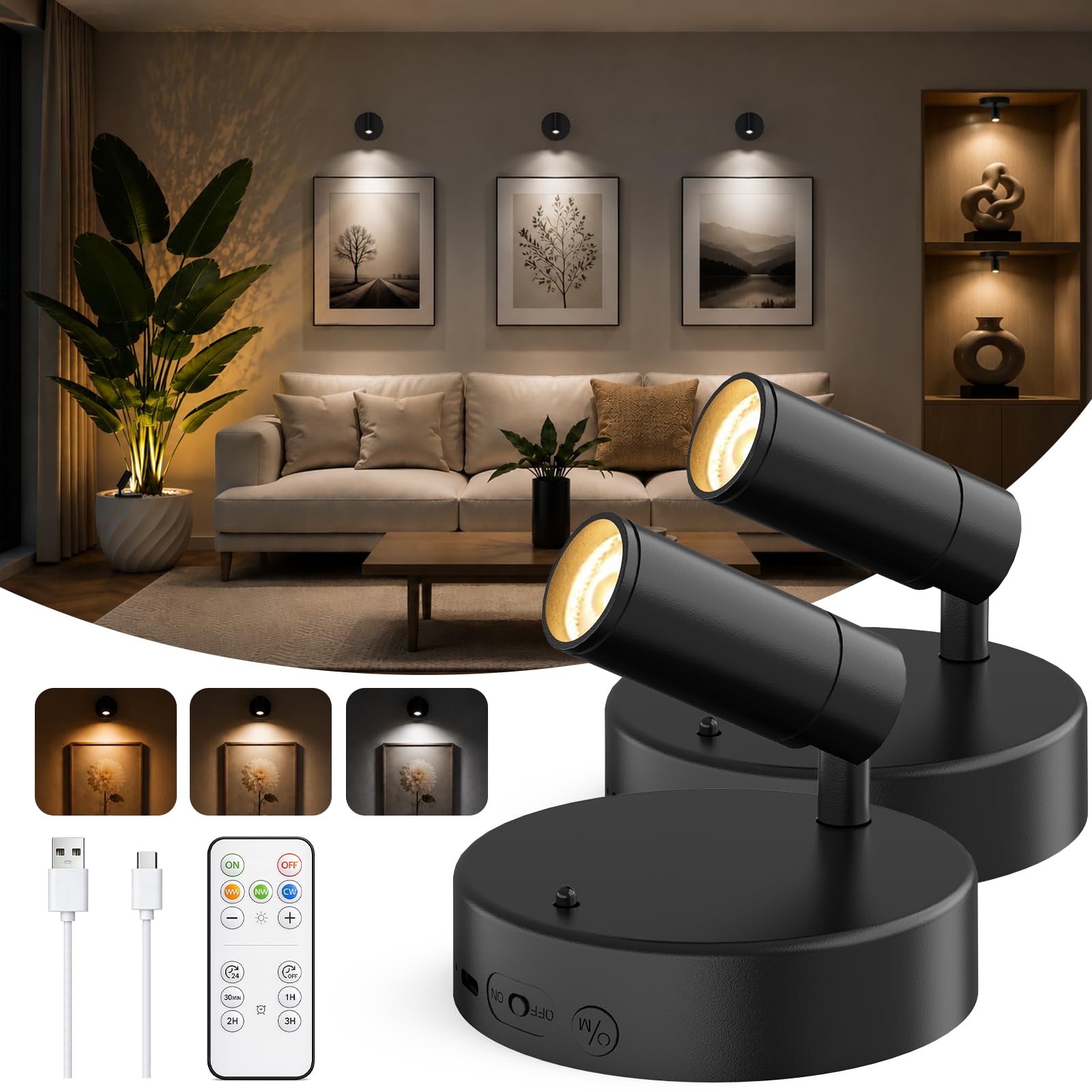 GOODEA Spotlights Indoor with Remote, 5500mAh Rechargeable Battery Plant Spotlight Indoor, Wireless Uplighting with 3 Colors &amp; 24H Cycle Timer, Picture Light for Painting(2 Pack 5500mAh, Black)