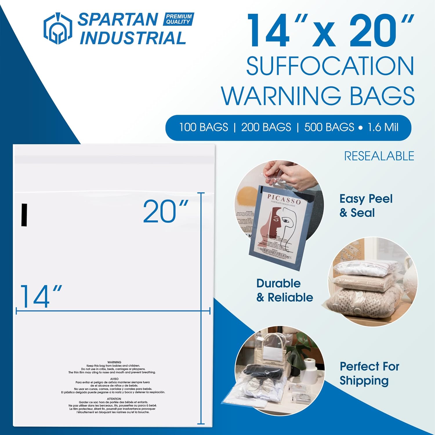 spartan industrial - 14” x 20” (100 count) self seal clear poly bags with suffocation warning for packaging, clothes & shipping - resealable glue 14" x 20"