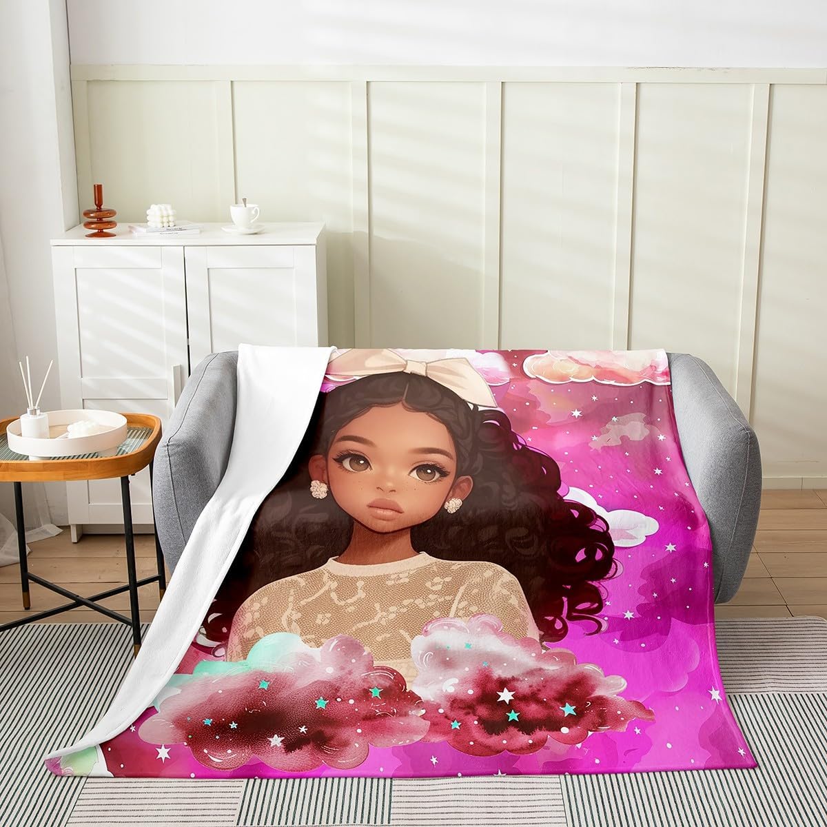 African Cute Girl Fleece Blanket,Black Skin Princess Dreamy Fairy Tale Bed Blanket for Kids Teens,Starry Moon Sky Glitter Watercolor Green Flannel Blanket for Room Decor,Queen 90"x90"