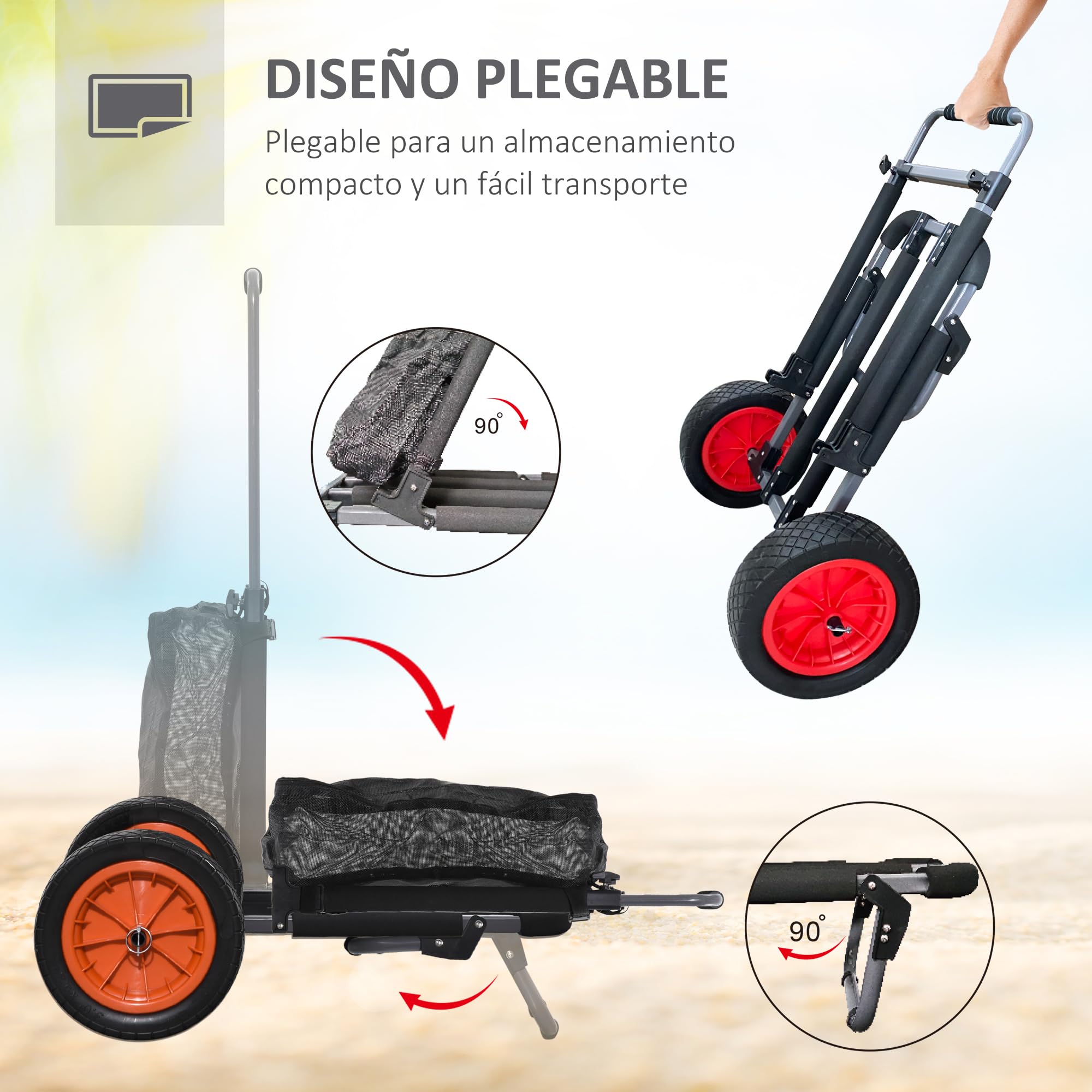 SPORTNOW Carro Playa Plegable, Carro Transporte con Grandes Ruedas de 30 cm para Todo Terreno, con Bolsillo de Malla y Mango Telescópica de Aluminio, para Jardín, Campaña, Compra, Carga 150 kg, Gris