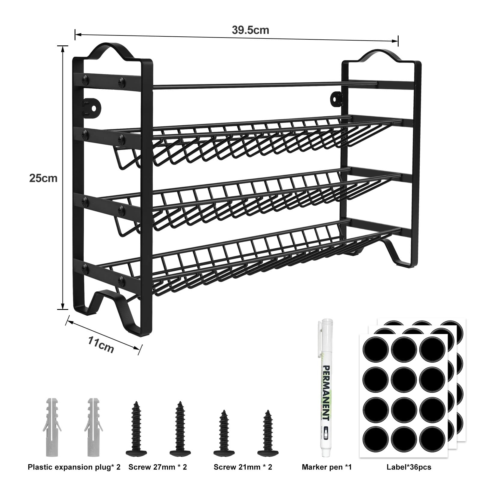 Portaspezie a 3 ripiani, organizer per spezie in metallo, per cucina, piano di lavoro, armadio, dispensa, 2 pezzi, nero
