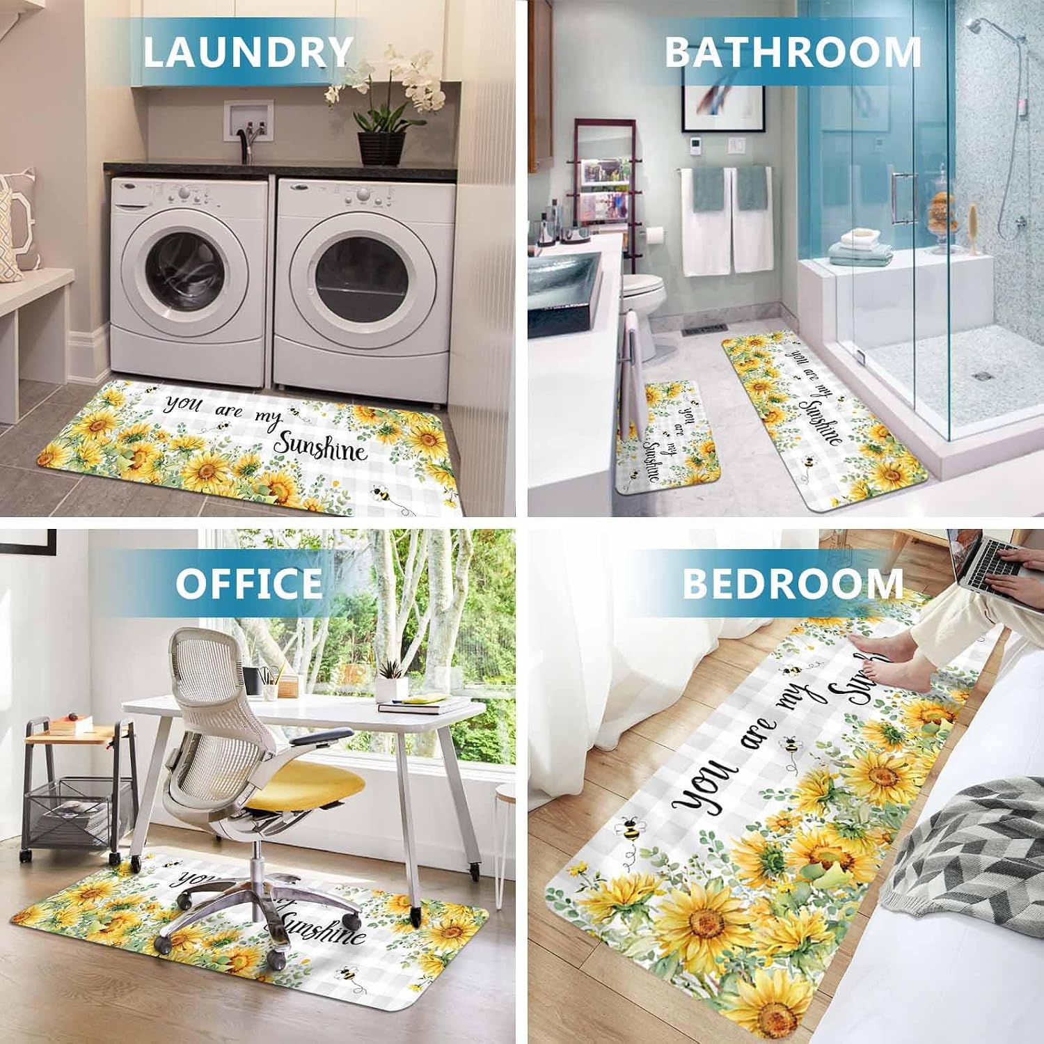 Prime Leader Sunflowers Kitchen Mat Set 2 Pieces Country Watercolor Summer Floral Bee Grey Plaid Non Slip Kitchen Rugs Washable Runner Rug Mats for Sink Laundry (15.7" x 23.6"+15.7" x 47.2")
