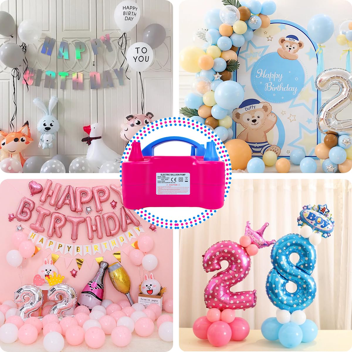 Bomba de globos eléctrica, 600W Kit de bomba eléctrica de globos con 14 kits de guirnalda de globos, 2 modos de inflado y doble boquilla Bomba de globos eléctrica portátil para decoración de