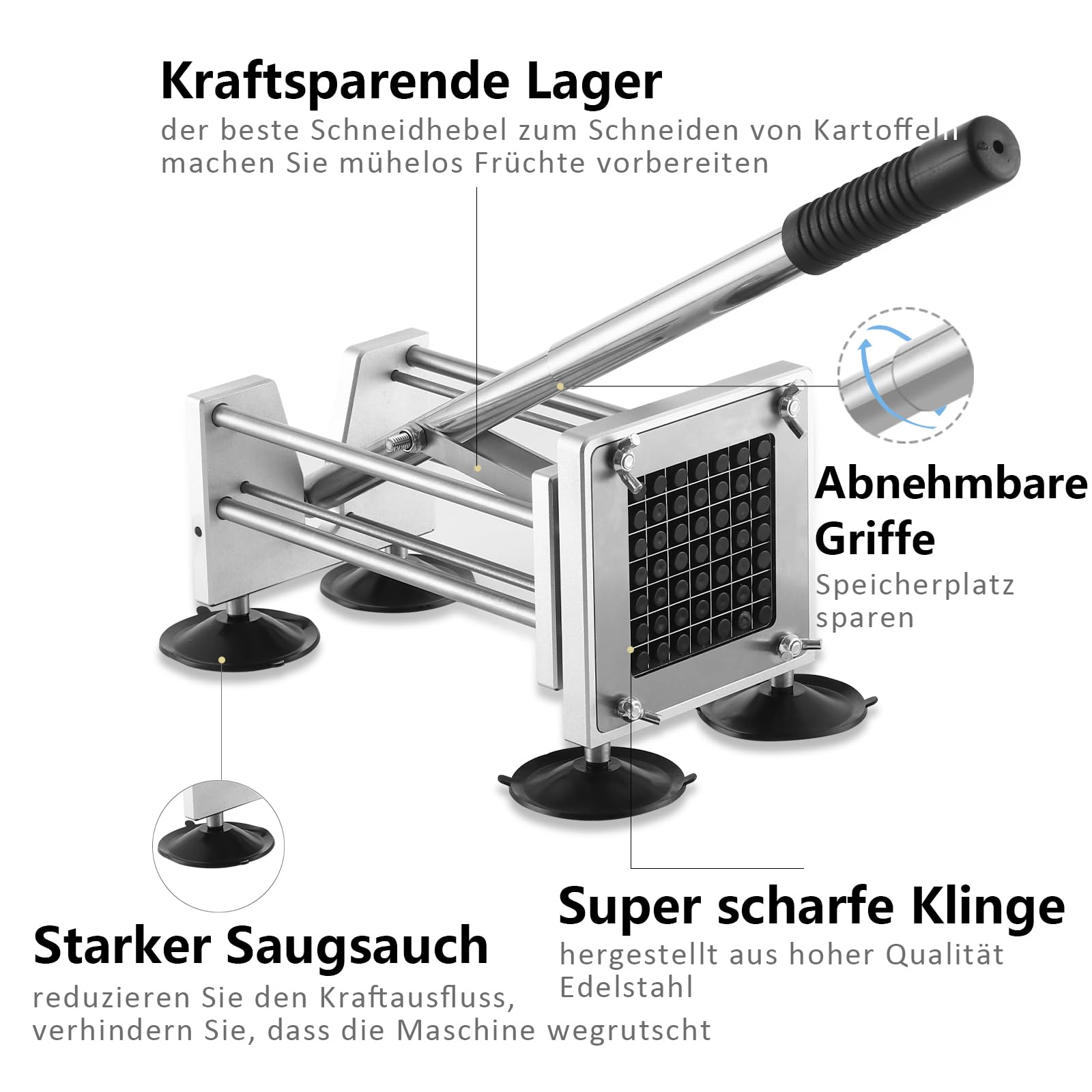Pommes Frites Schneider, Kartoffelschneider mit abnehmbarem Griff, Edelstahl Kartoffelschneider mit 9mm,12mm Klingen mit 4 Saugfüßen für Kartoffel, Karotte, Gurken