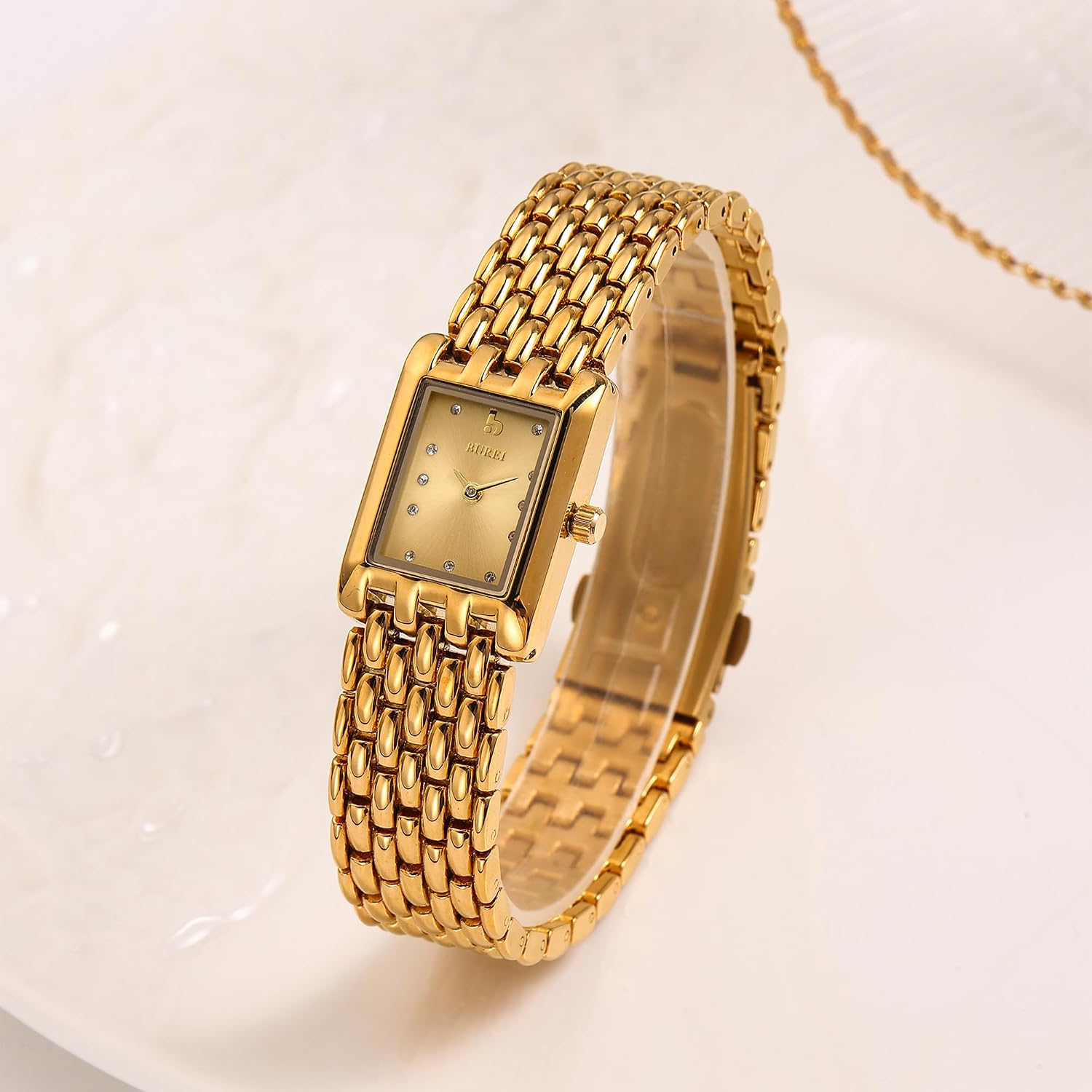 BUREI Women's Square Dial Watch with Crystals, Gold-Colored Stainless Steel Bracelet, Elegant Dress Wrist Watch for Ladies, Ideal Gift for Women Birthday