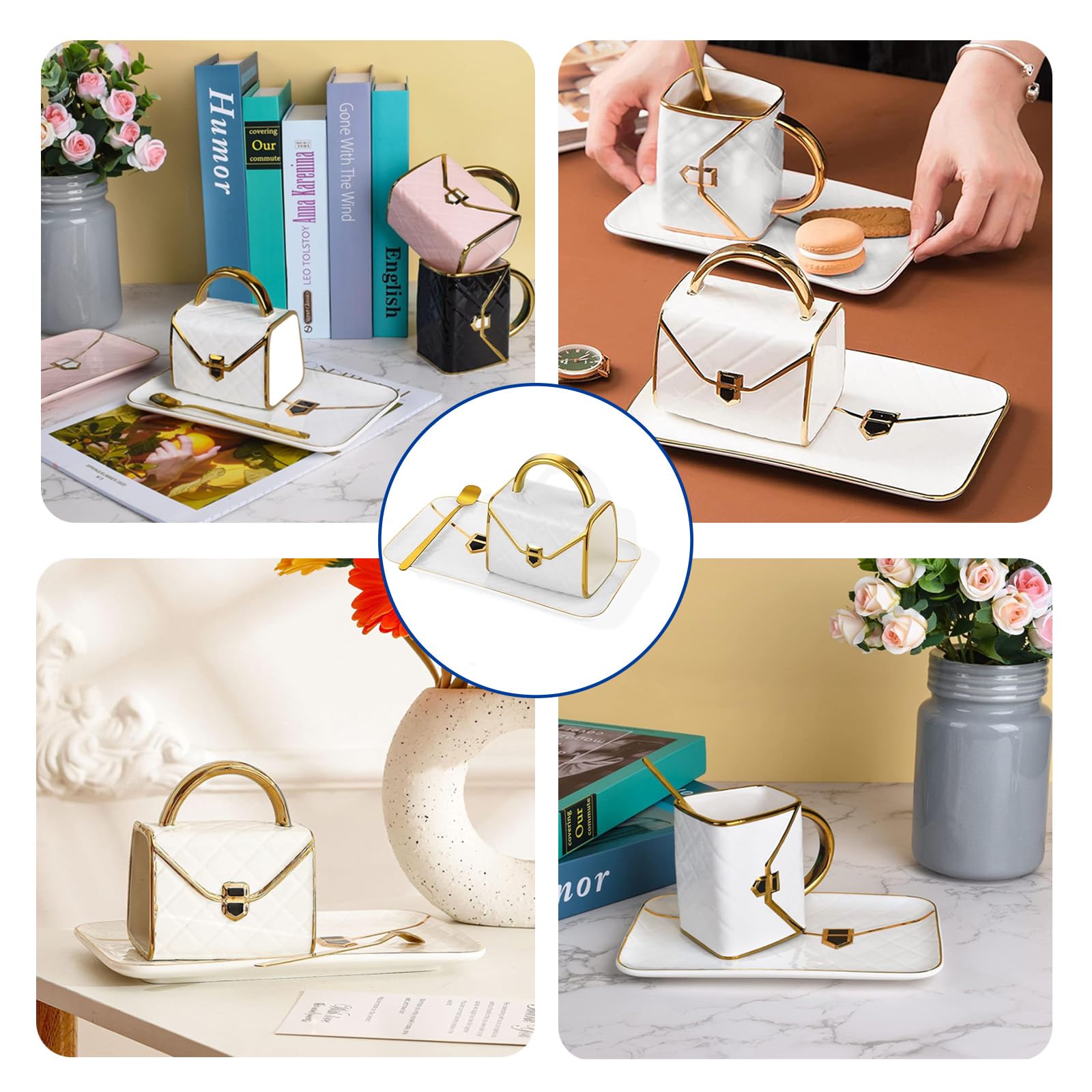 Premium Porzellan Kaffeetassen Set 4er - Handtasche Styling Tassen mit Untertasse & Löffel, 310ml Luxus Cappuccino Tassen, Kreative Geschenkidee für Frauen, Tee & Espresso Set (4 Farben)
