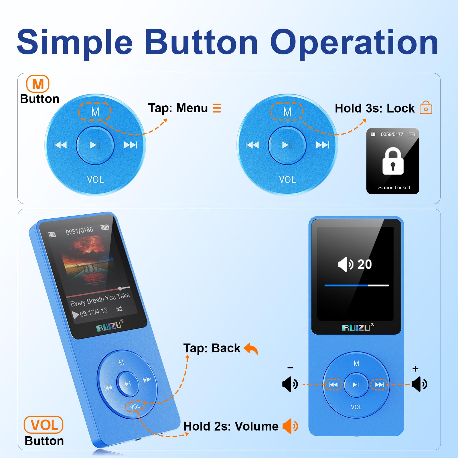 RUIZU Lecteur MP3 64Go Bluetooth 5.3 Portable avec Touches Physiques